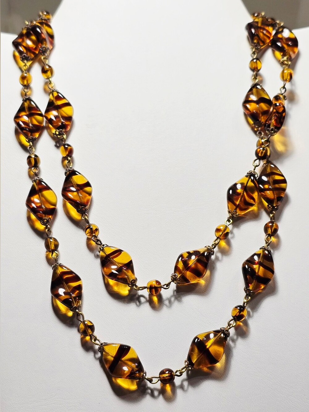 Vintage Honey Tiger Stripe Lampwork Art Glass Bead Necklace 36" Opera Length